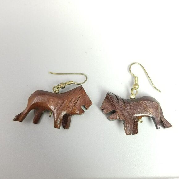 Vintage Carved Wood Animal Lion Big Cat Dangle Earrings, Estate - Picture 3 of 7